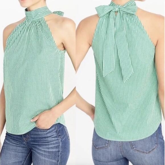 J.Crew Tops - J Crew Sz‎ 0 Gingham Halter Top Tie Neck Green White Preppy Coastal Classic